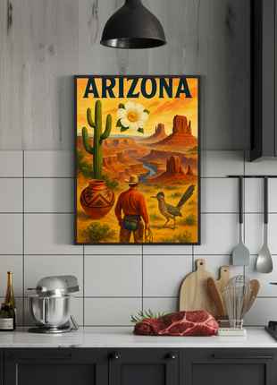Arizona Desert Cowboy Saguaro Sunset Vintage Travel Poster