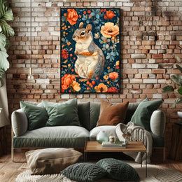 Whimsical Squirrel and Flowers Vibrant Animal Poster