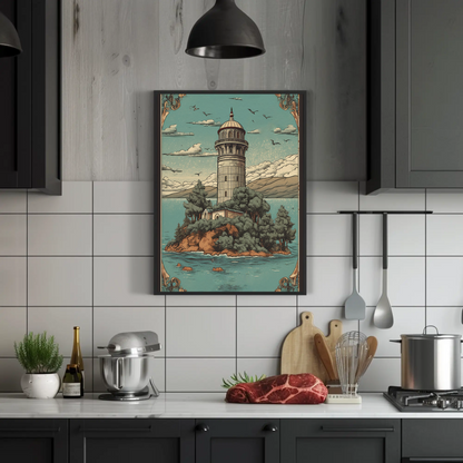 Lighthouse Island Retreat Vintage Travel Poster