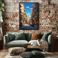 Vibrant Cityscape with Historical Trolley Travel Poster