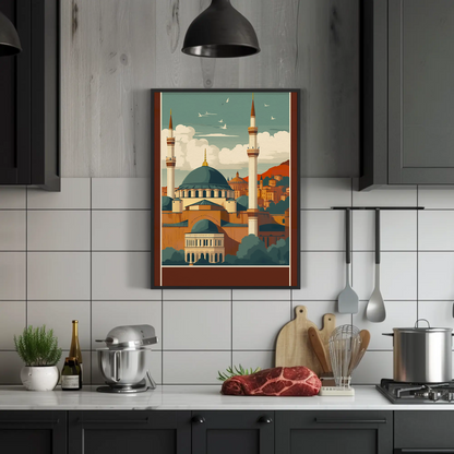 Turkey Mosque Minarets Hillside Sunset Vintage Travel Poster