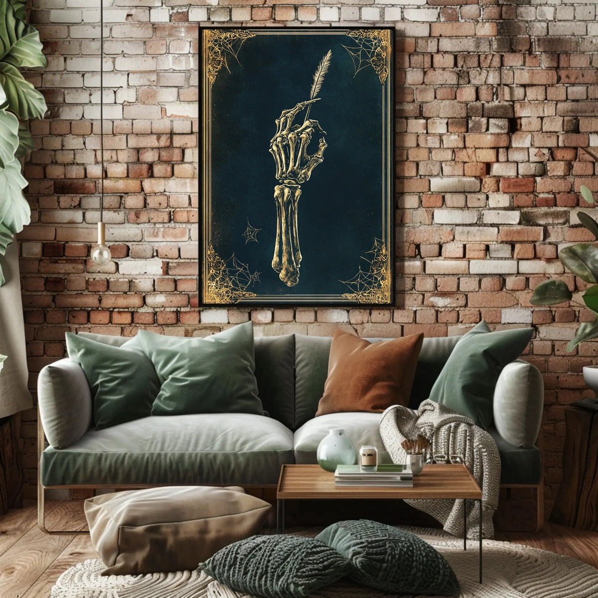 The poster depicts a skeletal hand holding a quill pen, set against a Travel Poster