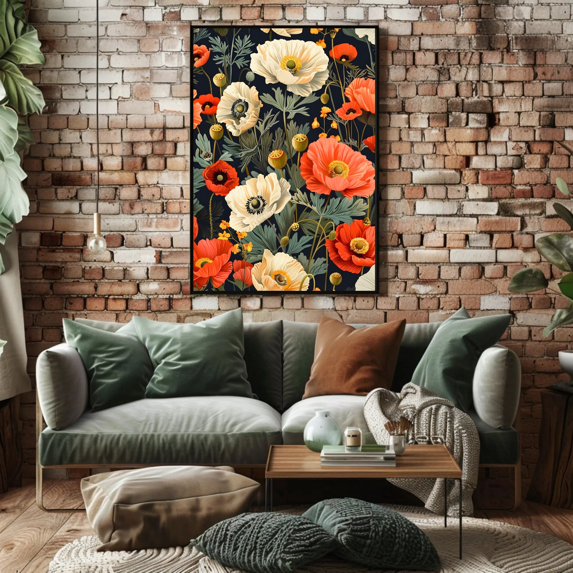 Lush Botanical Garden Scene with Poppies Artistic Poster