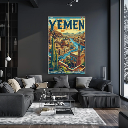 Yemen Traditional Architecture River Valley Travel Poster