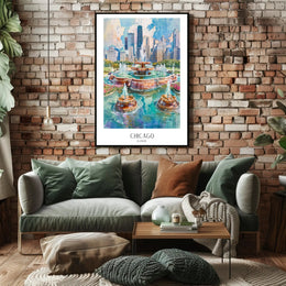Chicago Skyline with Buckingham Fountain Urban Cityscape Poster PosterGoat