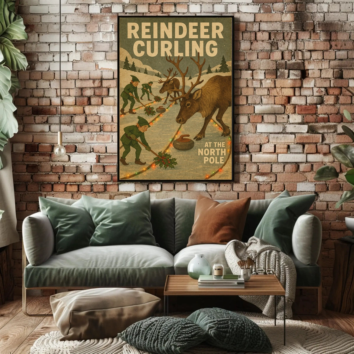 Reindeer Curling at the North Pole Poster