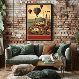Hot Air Balloons Over Ancient Architecture Poster