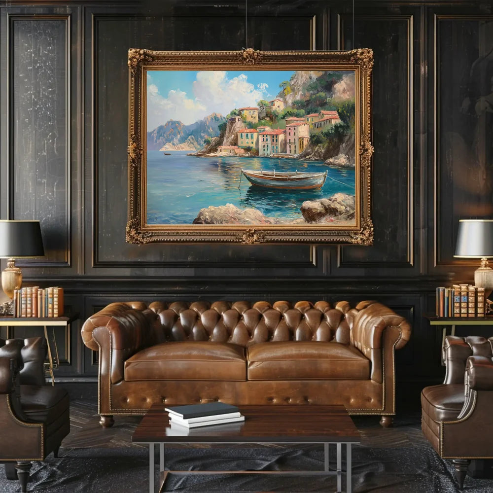 The poster showcases a scenic coastal village, likely inspired by the Mediterranean region, Travel Poster