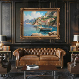 The poster showcases a scenic coastal village, likely inspired by the Mediterranean region, Travel Poster