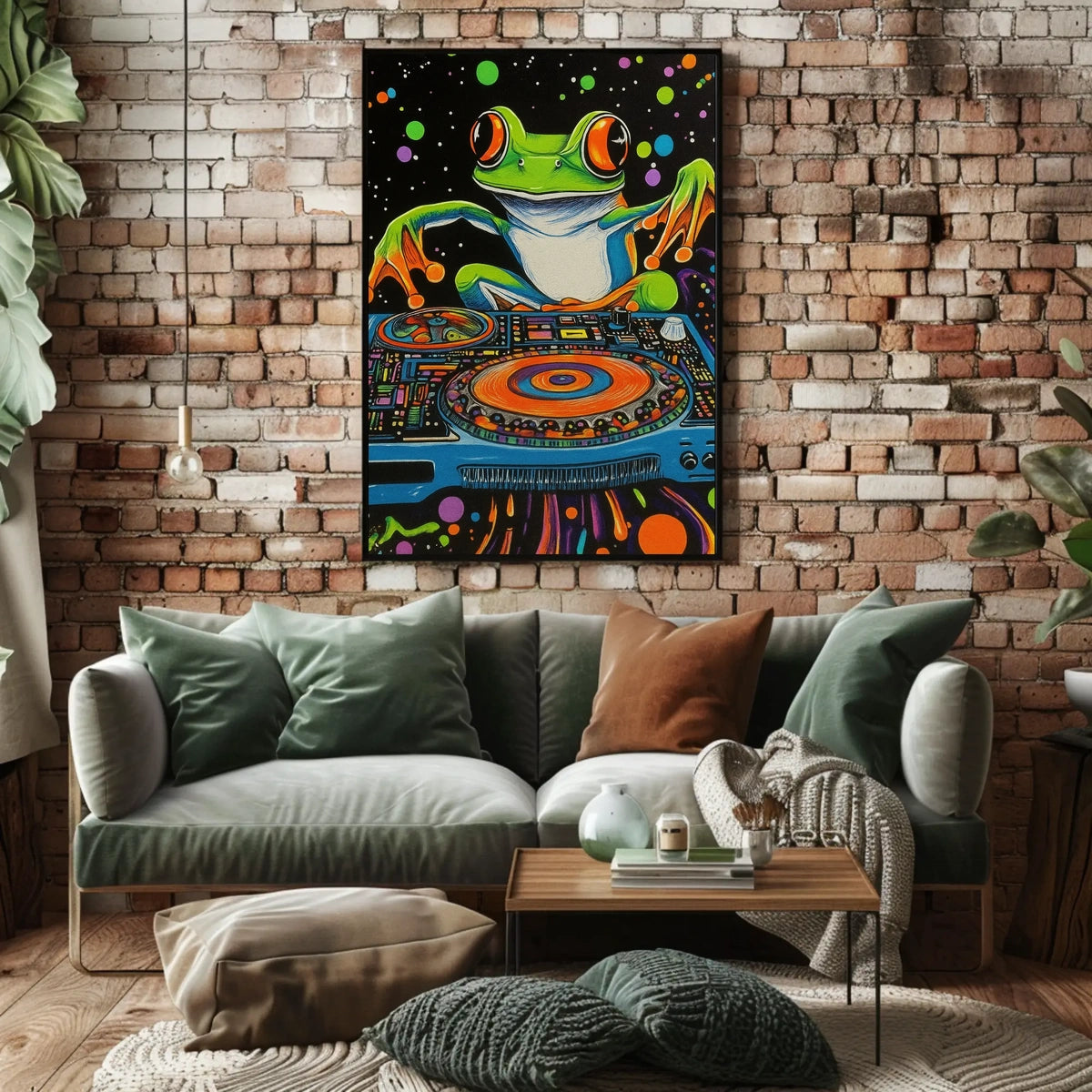 The poster is a vibrant and psychedelic illustration featuring a large, cartoonish frog Travel Poster