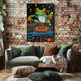 The poster is a vibrant and psychedelic illustration featuring a large, cartoonish frog Travel Poster