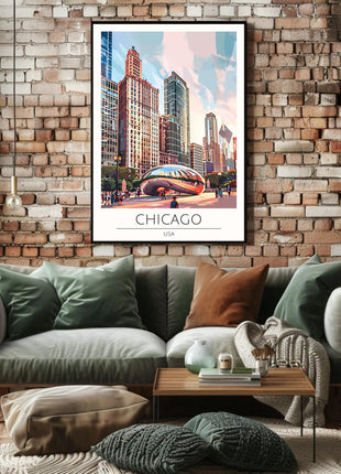 Chicago Skyline Travel Poster with Cloud Gate Landmark