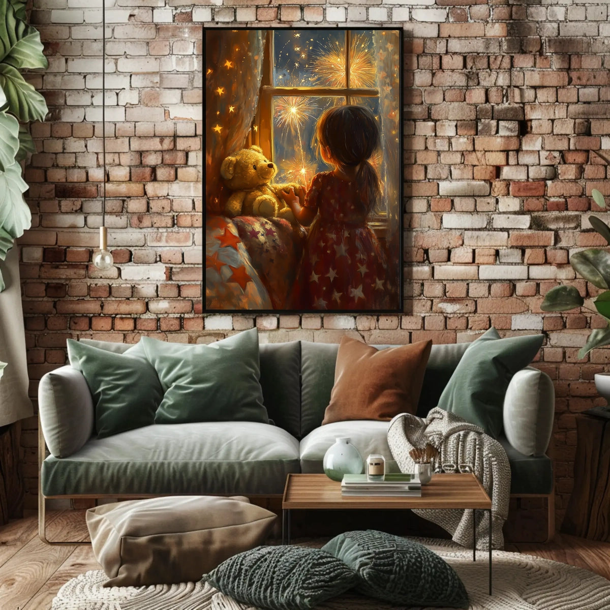 Little Girl Watching Fireworks Night Scene Cozy Poster