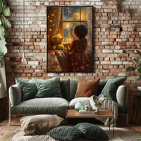Little Girl Watching Fireworks Night Scene Cozy Poster