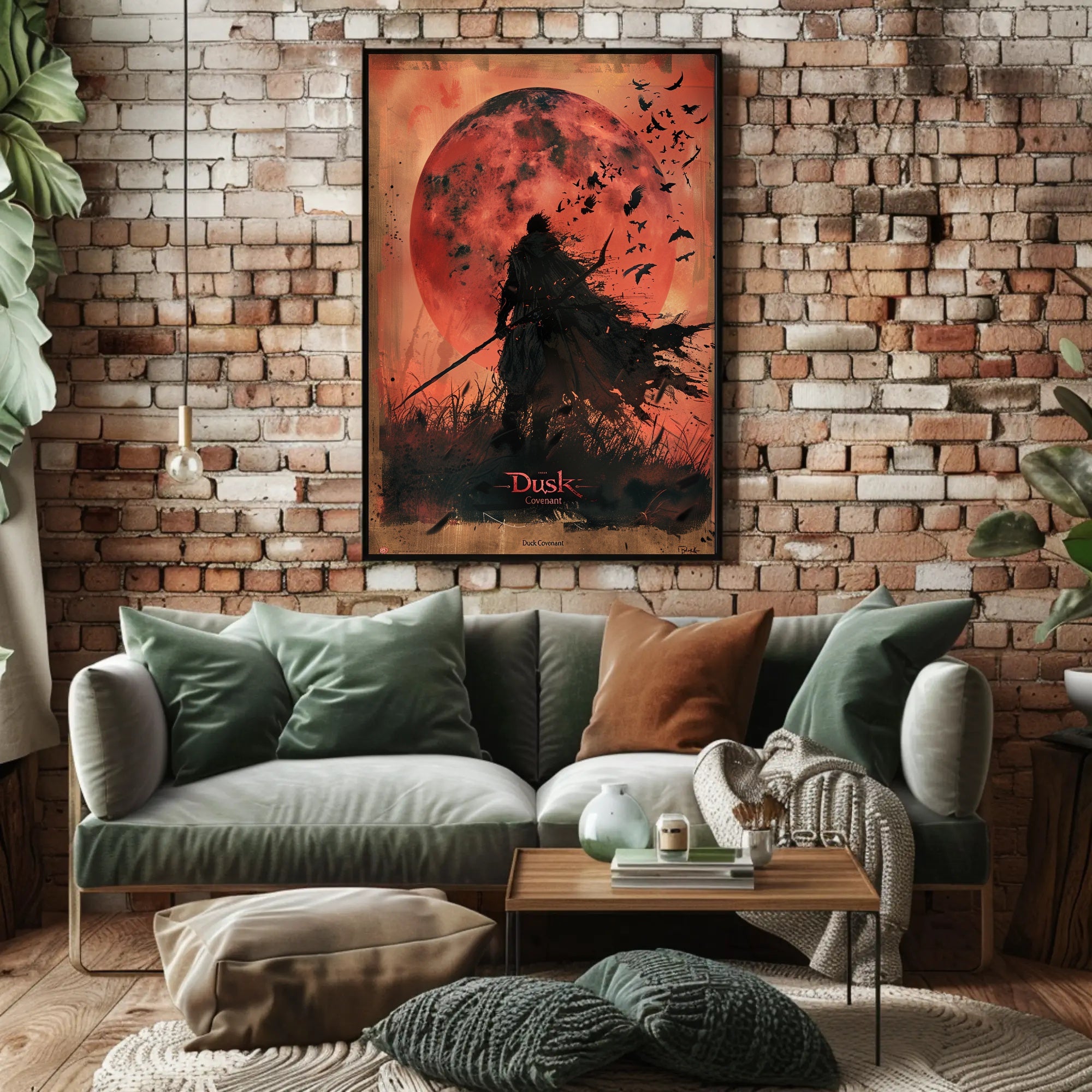 Silhouetted Warrior Against Red Moon Fantasy or Mythology Poster PosterGoat