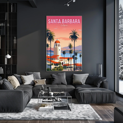 Santa Barbara California Palm Coast Sunset Travel Poster