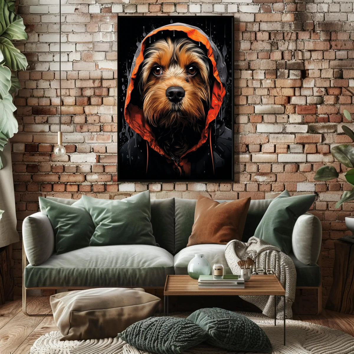 Stylized Dog in Hooded Raincoat Artistic Animal Poster