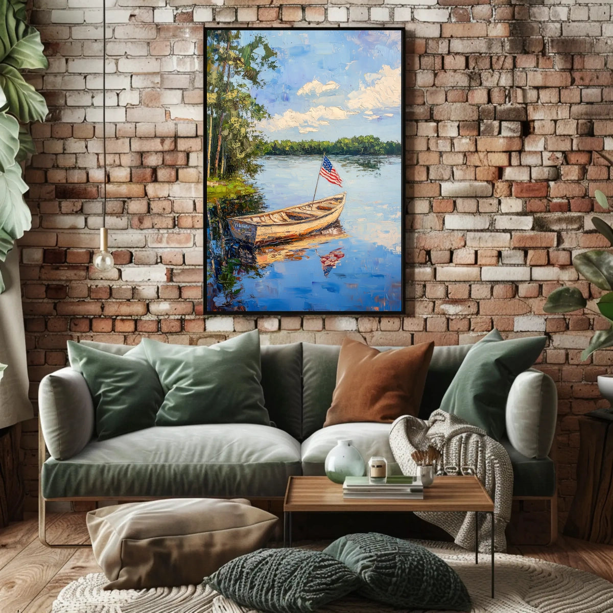 Tranquil Boat On A Calm Lake With American Flag Poster