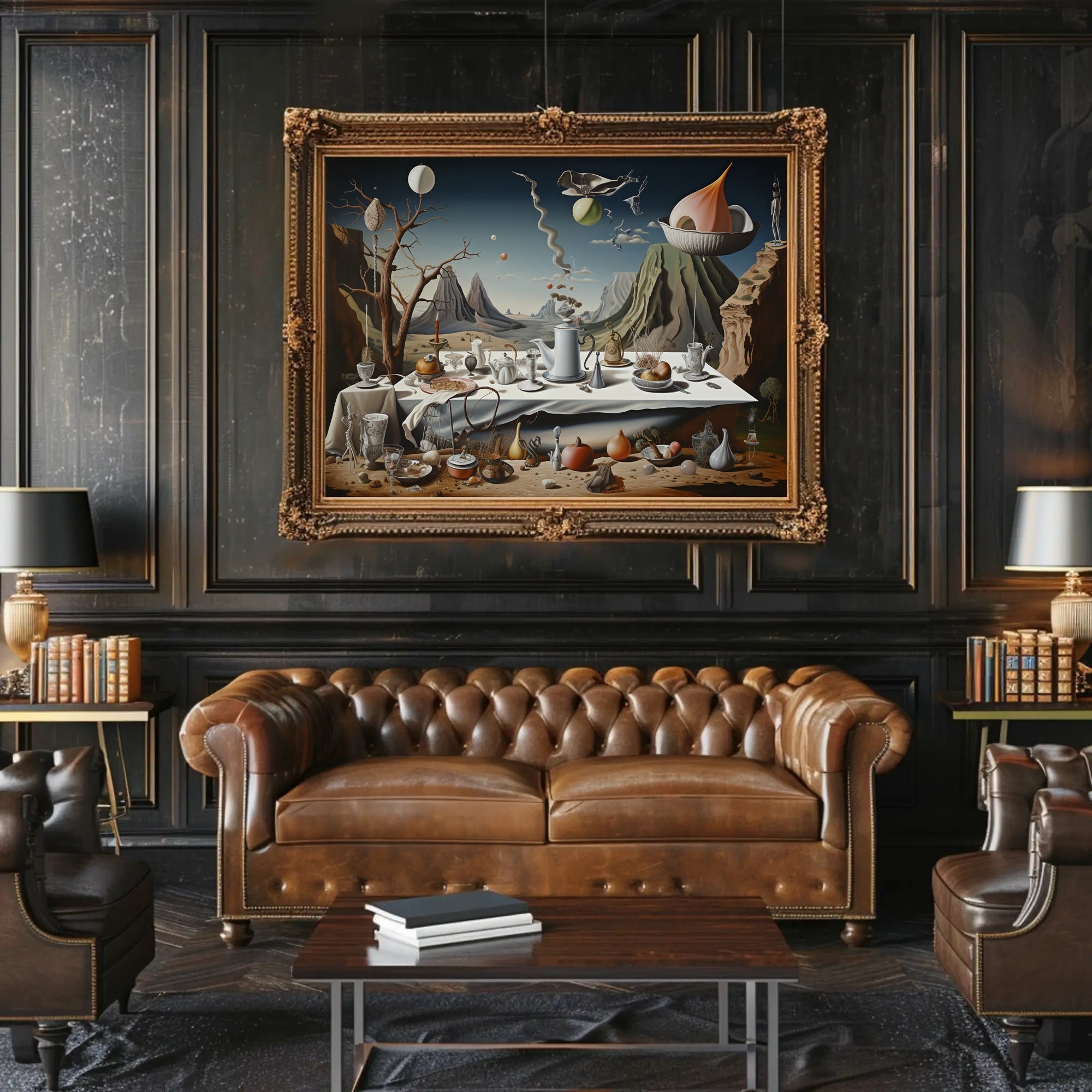 Surreal Dreamscape with Chaotic Still Life Artistic Poster
