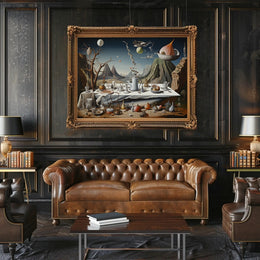 Surreal Dreamscape with Chaotic Still Life Artistic Poster