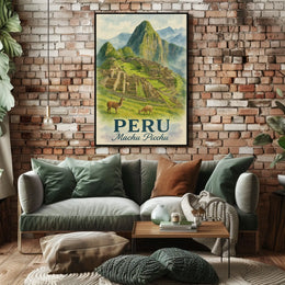 Machu Picchu Vintage Travel Poster with Llamas