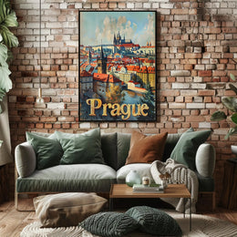 Prague Cityscape Vintage Travel Art Urban or Cityscape Poster