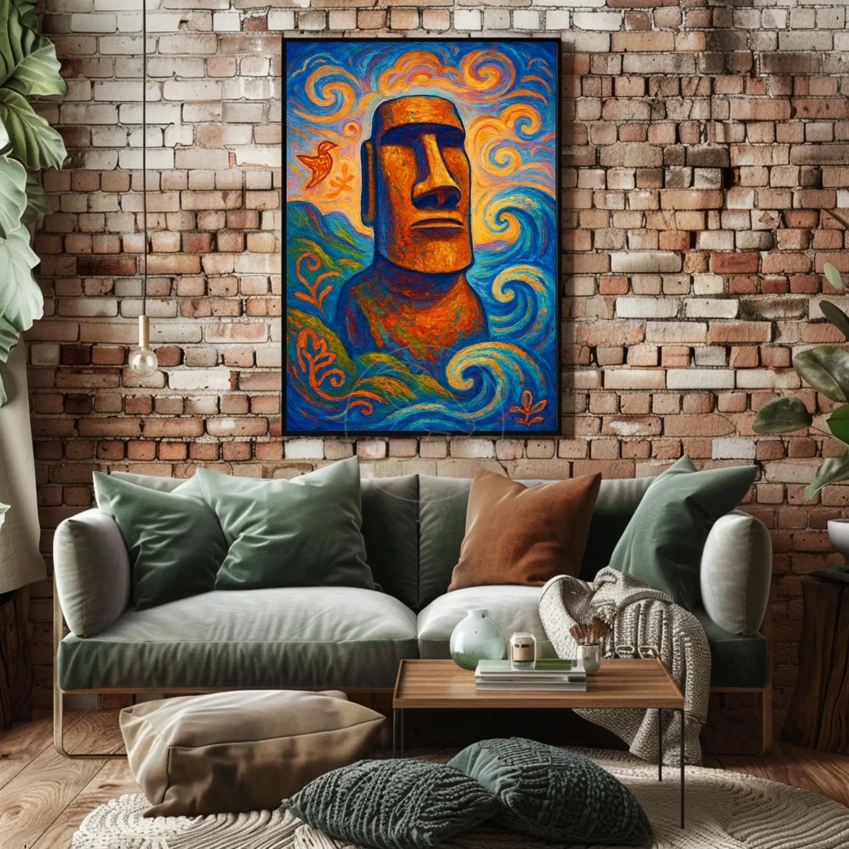 Moai Statue with Mystical Waves Abstract or Artistic Poster
