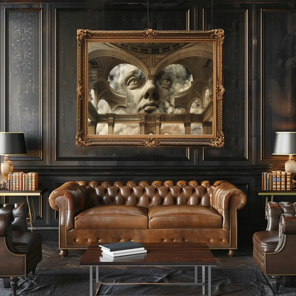 Surreal Stone Face in Classical Architecture Poster