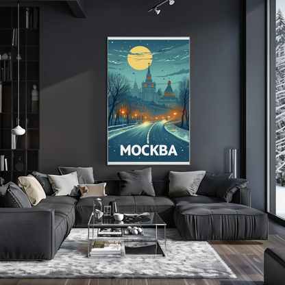 Moscow Russia Winter Night Skyline Travel Poster