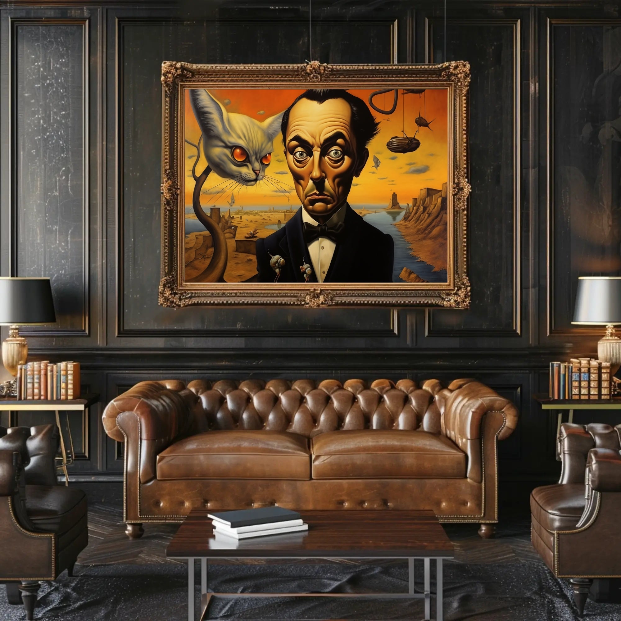 Surreal Cat and Tuxedo Man Artistic Poster