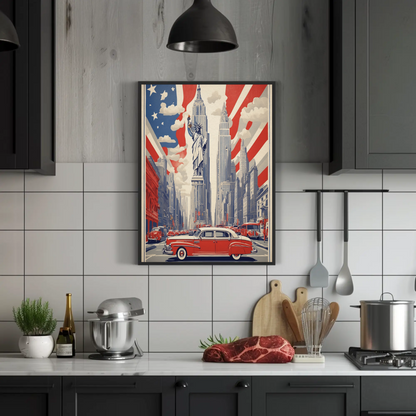 New York Statue Liberty Skyline Vintage Travel Poster