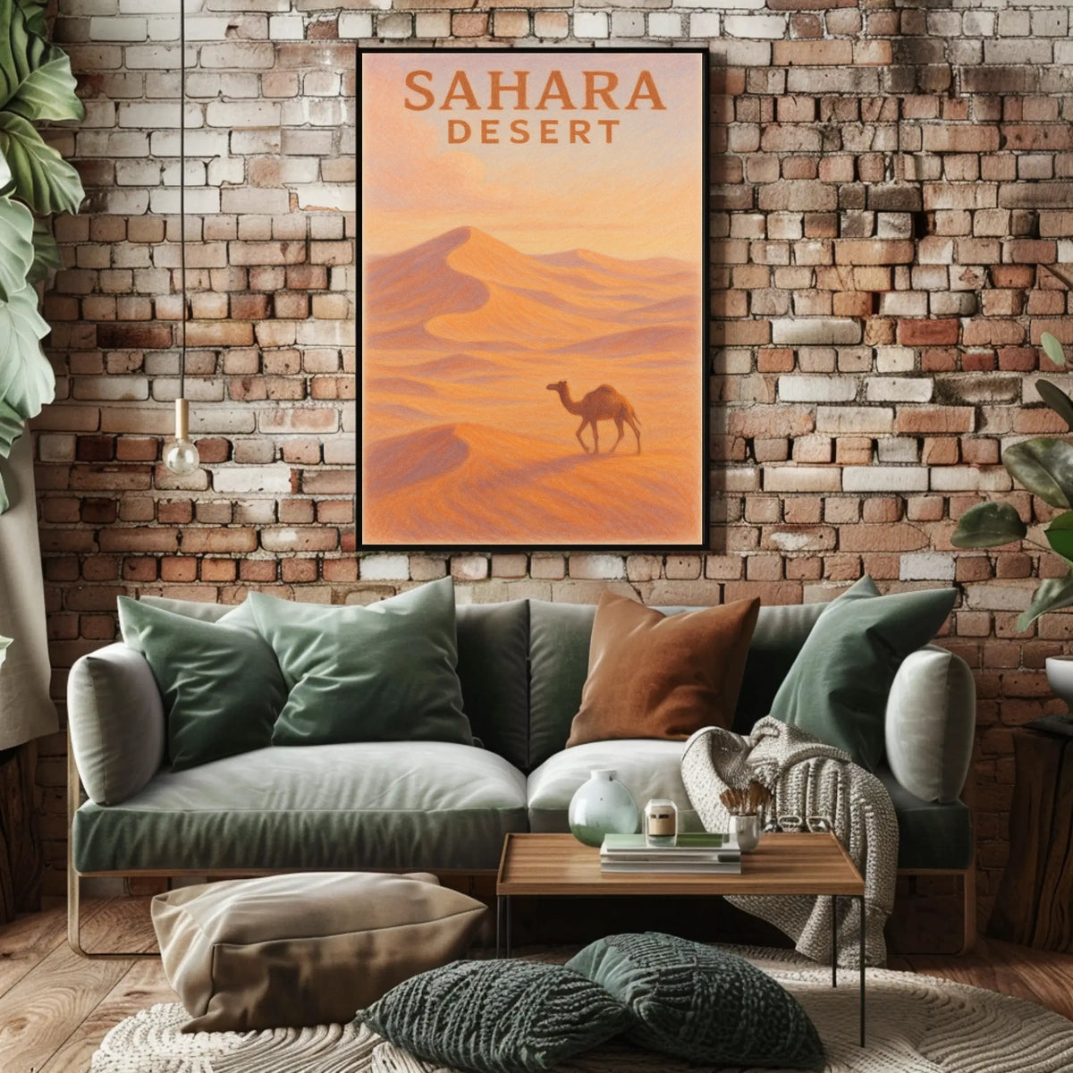Sahara Desert Exploration Travel Retro Eighties Art Deco Camel Silhouette Golden Dunes Nostalgic Decor Poster