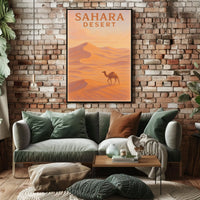 Sahara Desert Exploration Travel Retro Eighties Art Deco Camel Silhouette Golden Dunes Nostalgic Decor Poster