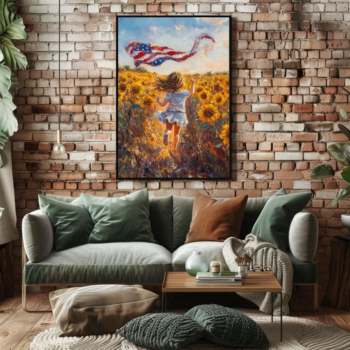 Child Running Through Sunflower Field At Golden Hour Poster