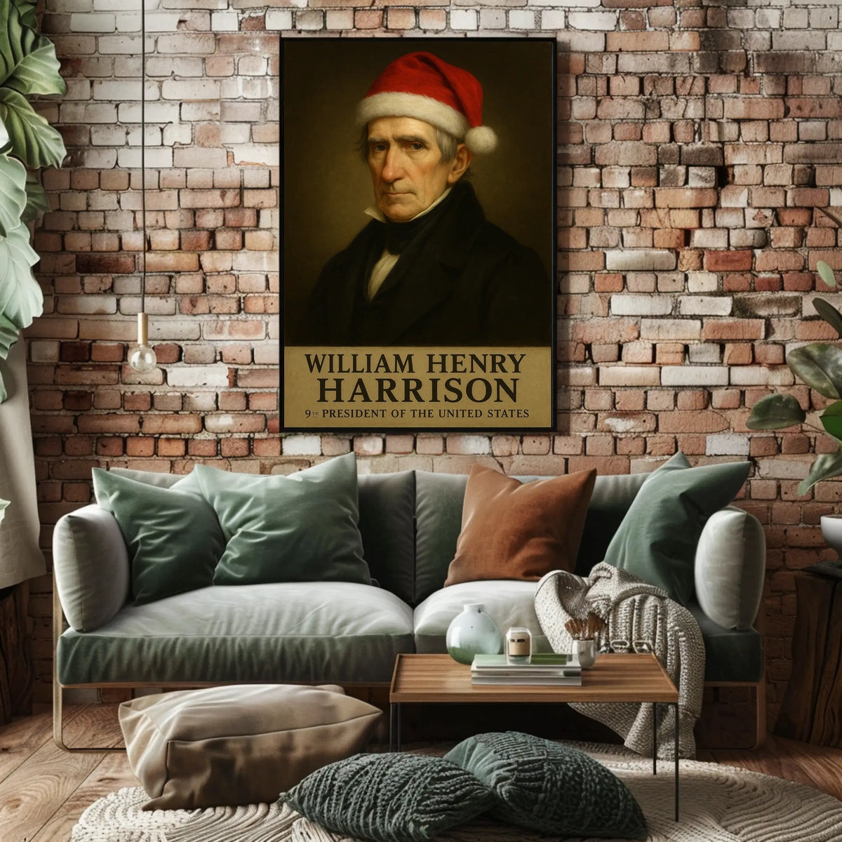 The poster depicts a stylized portrait of William Henry Harrison, the 9th President Travel Poster
