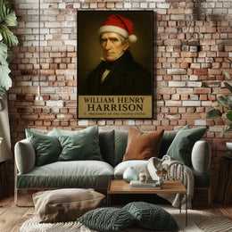 The poster depicts a stylized portrait of William Henry Harrison, the 9th President Travel Poster