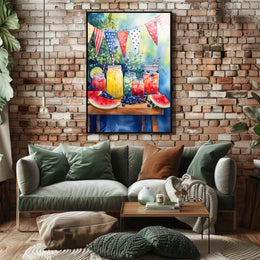 Bright Lemonade Stand Watercolor Scene 18x24 Poster