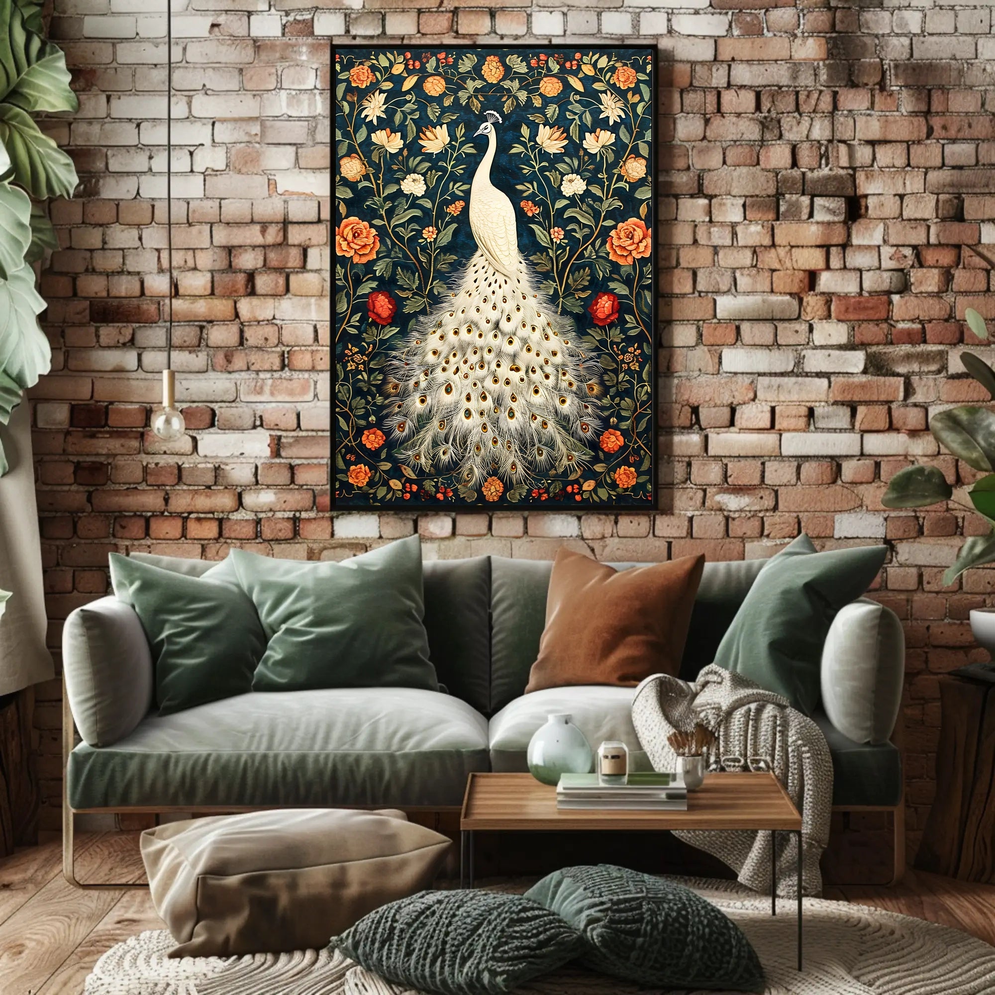 Exquisite White Peacock Among Floral Splendor - Artistic Poster