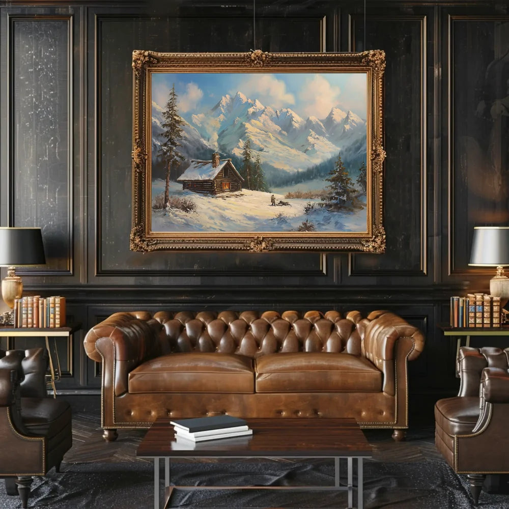 Winter Cabin Retreat: Serene Landscape Art Print