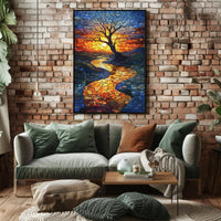 Vibrant Mosaic Sunset Landscape Artistic Poster