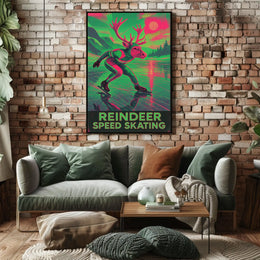 Reindeer Speed Skating Whimsical Winter Art Poster