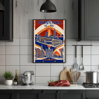 Pennsylvania USA 1950s Monument Skyline Vintage Travel Poster