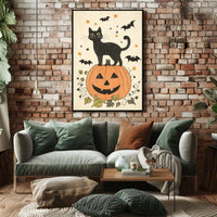 Halloween-Themed Black Cat Carved Pumpkin Bats Stars Poster