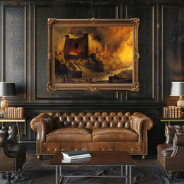 Ancient Temple Ablaze: Mythical Destruction Art Poster