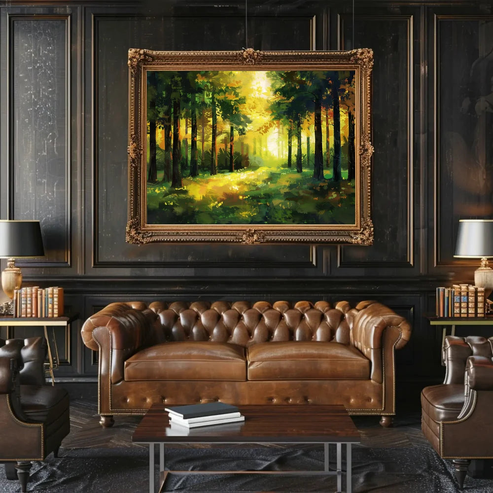 Golden Sunlit Forest: Impressionist Autumn Landscape Poster