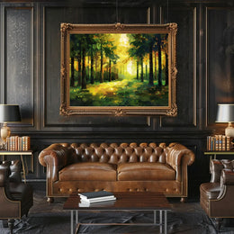 Golden Sunlit Forest: Impressionist Autumn Landscape Poster