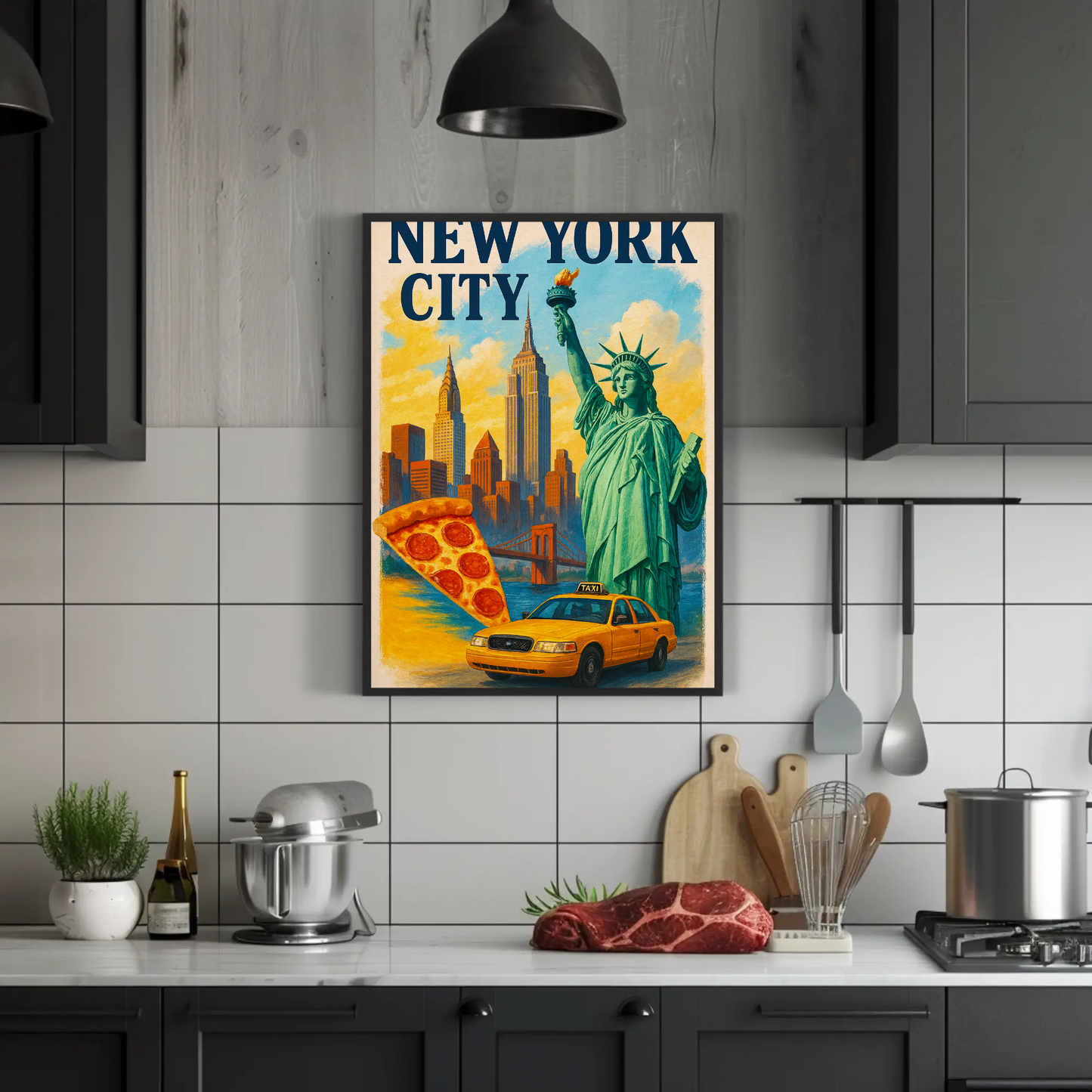 New York City Pizza Taxi Skyline Vintage Travel Poster
