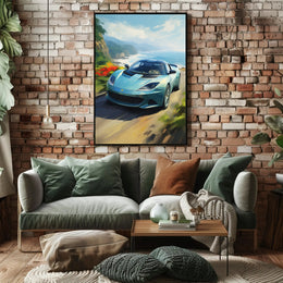 Modern Sports Car Coastal Adventure: Artistic Poster