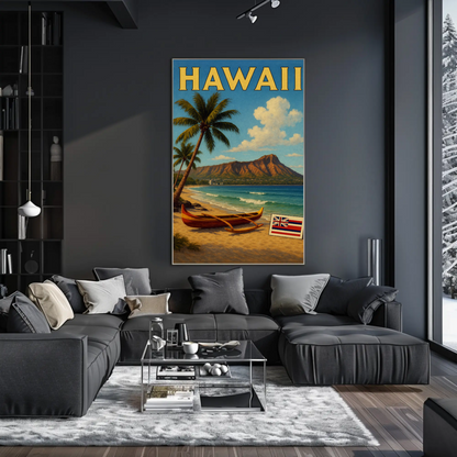 Hawaii Diamond Head Canoe Beach Flag Poster