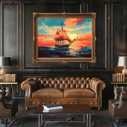 Vintage Sailing Ship at Vibrant Sunset Poster